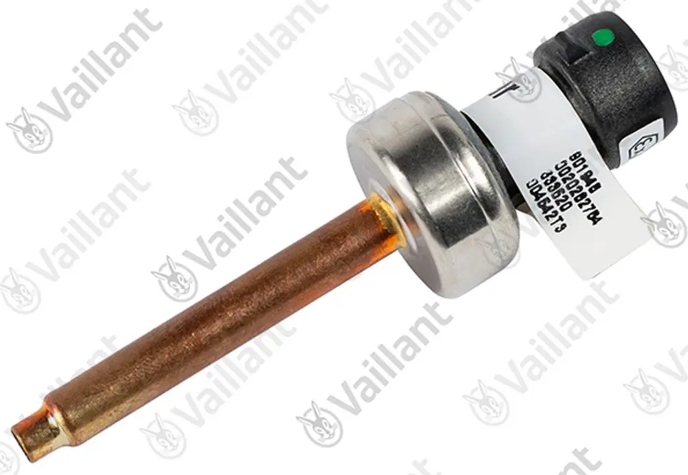 Vaillant-Sensor mit metallischem Körper und einem langen, unverkleideten Messstift, vorbereitet zur Installation in Heizsystemen.